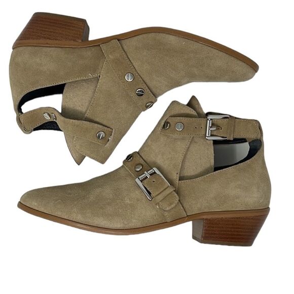 Rebecca Minkoff Abigail Taupe Suede Studded Buckle Ankle Booties Women’s US 9.5 - Picture 2 of 8